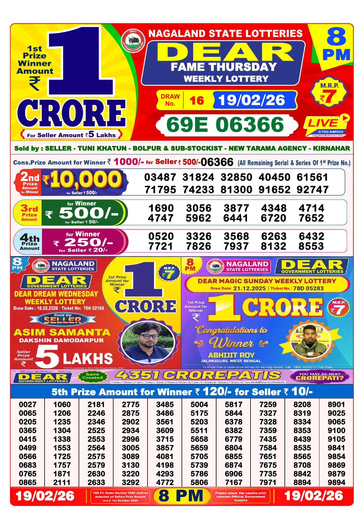 Lottery Result 19 February 2026 8 PM