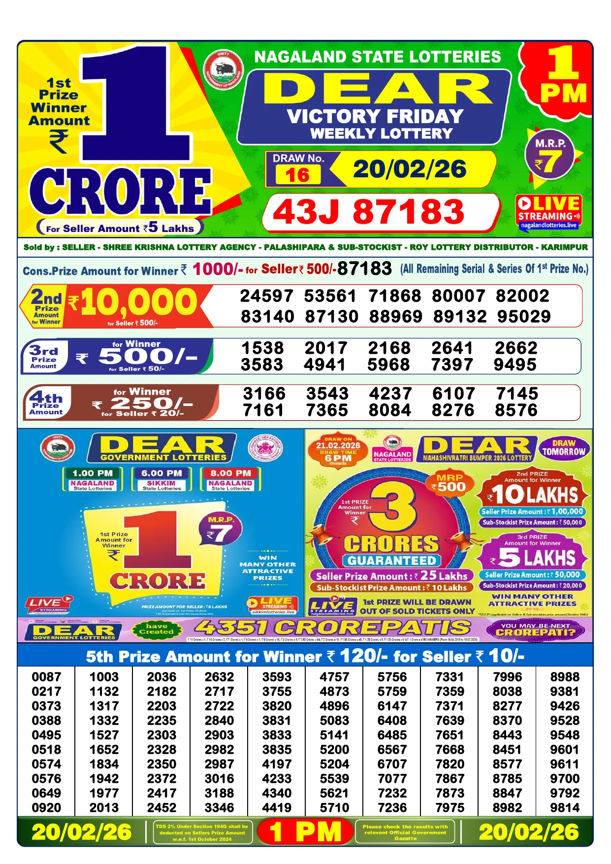 Lottery Result 20 February 2026 1 PM