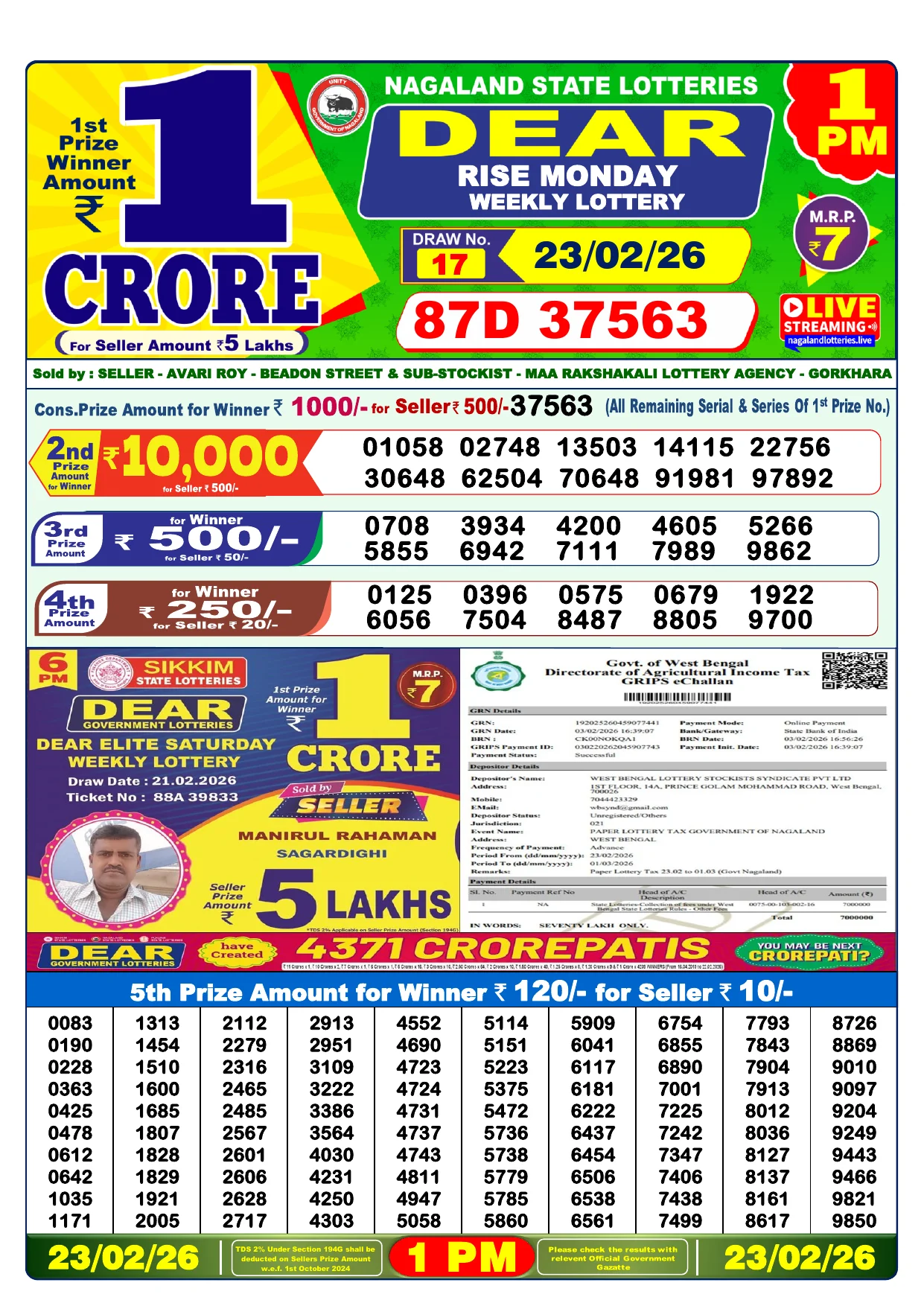 Lottery Result 23 February 2026 1 PM