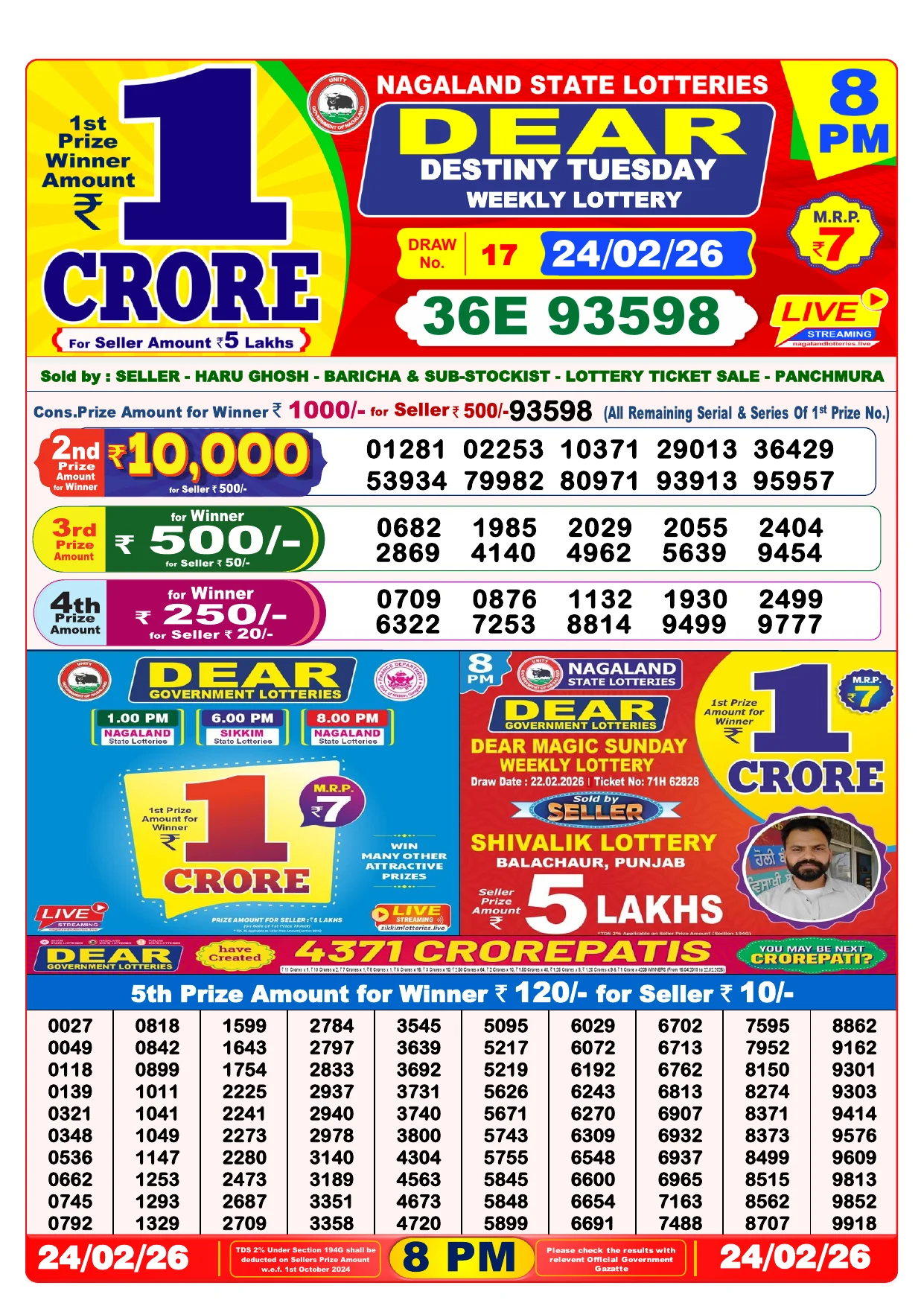 Lottery Result 24 February 2026 8 PM