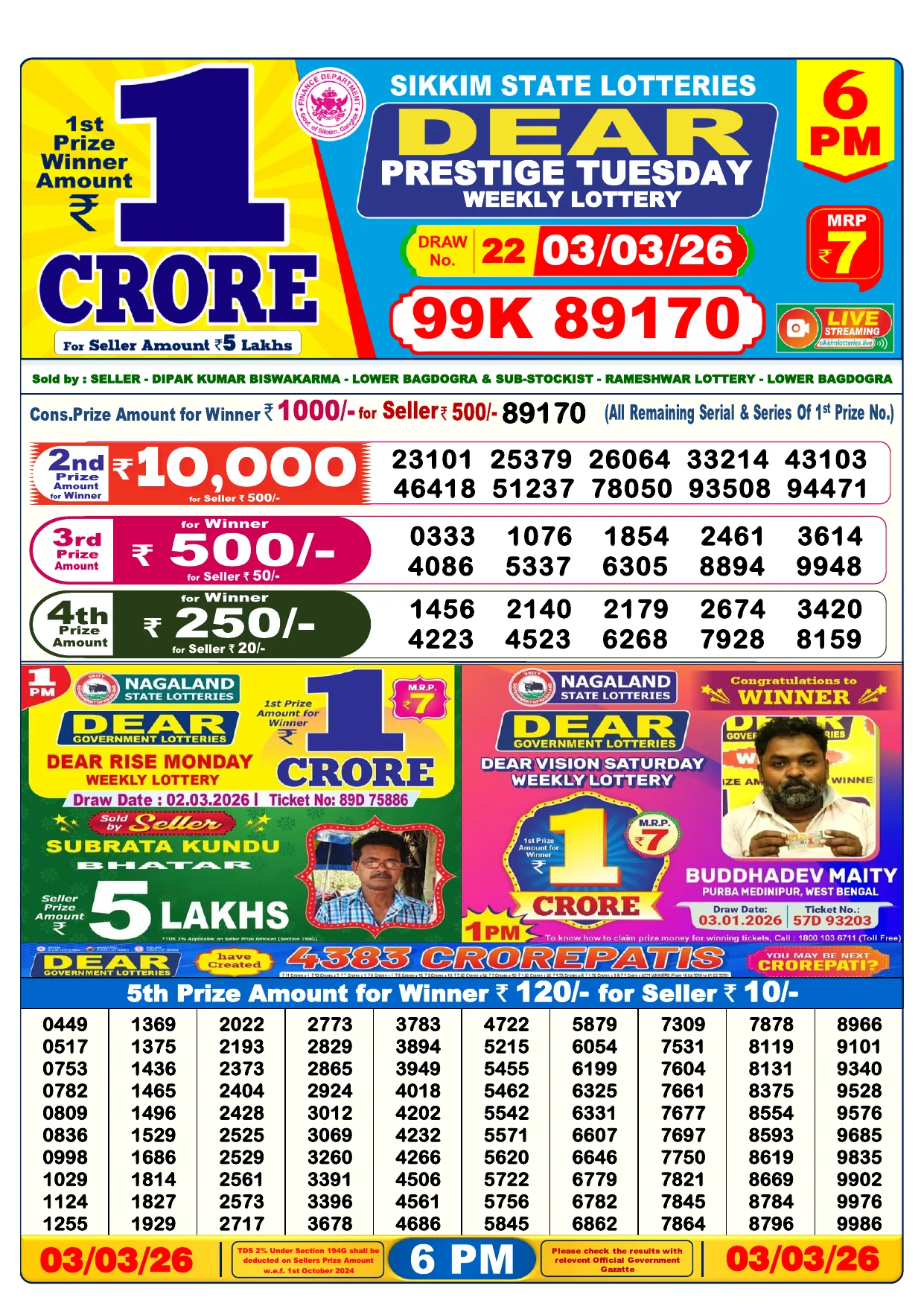 Lottery Result 03 March 2026 1 PM