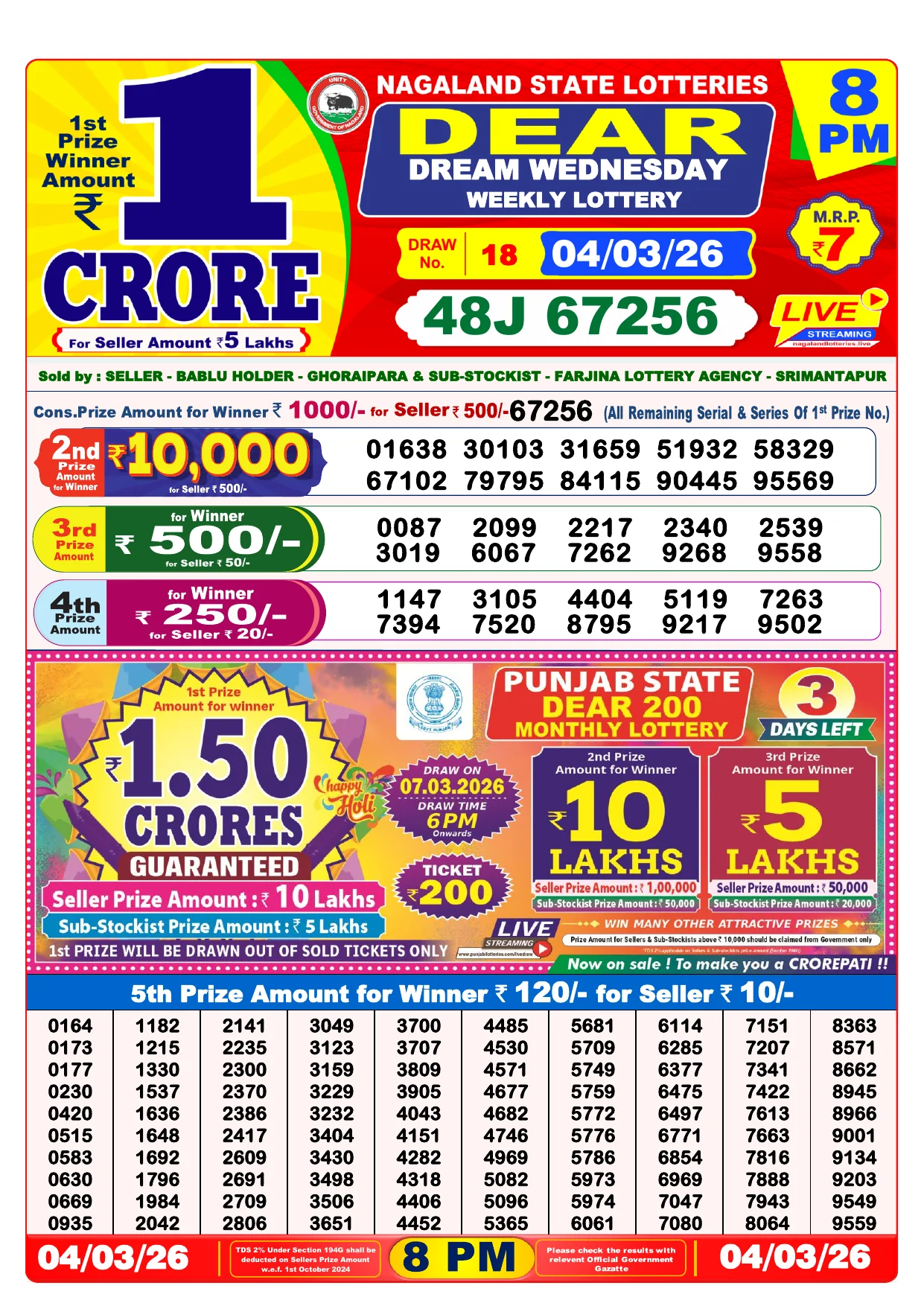 Lottery Result 04 March 2026 8 PM