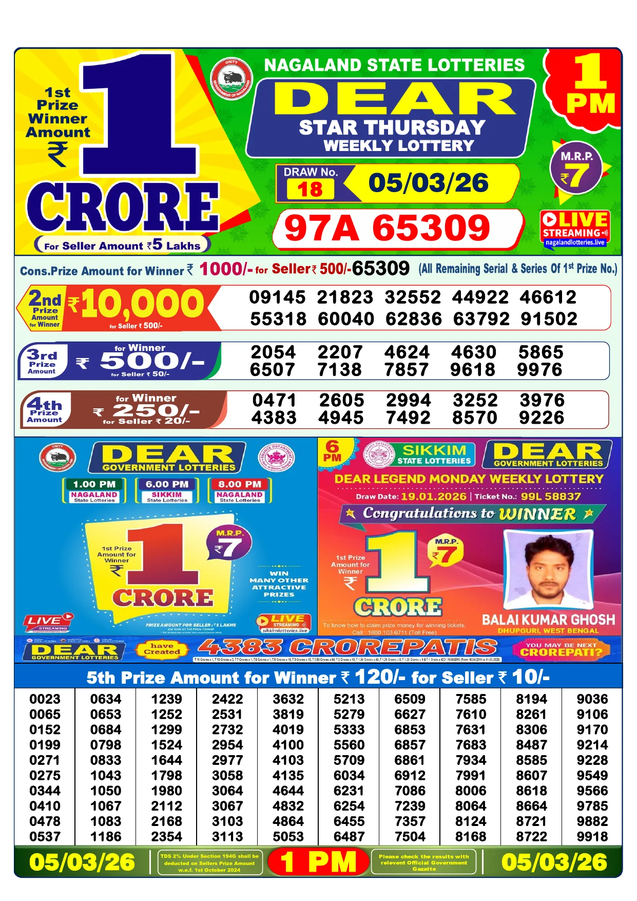 Lottery Result 05 March 2026 1 PM