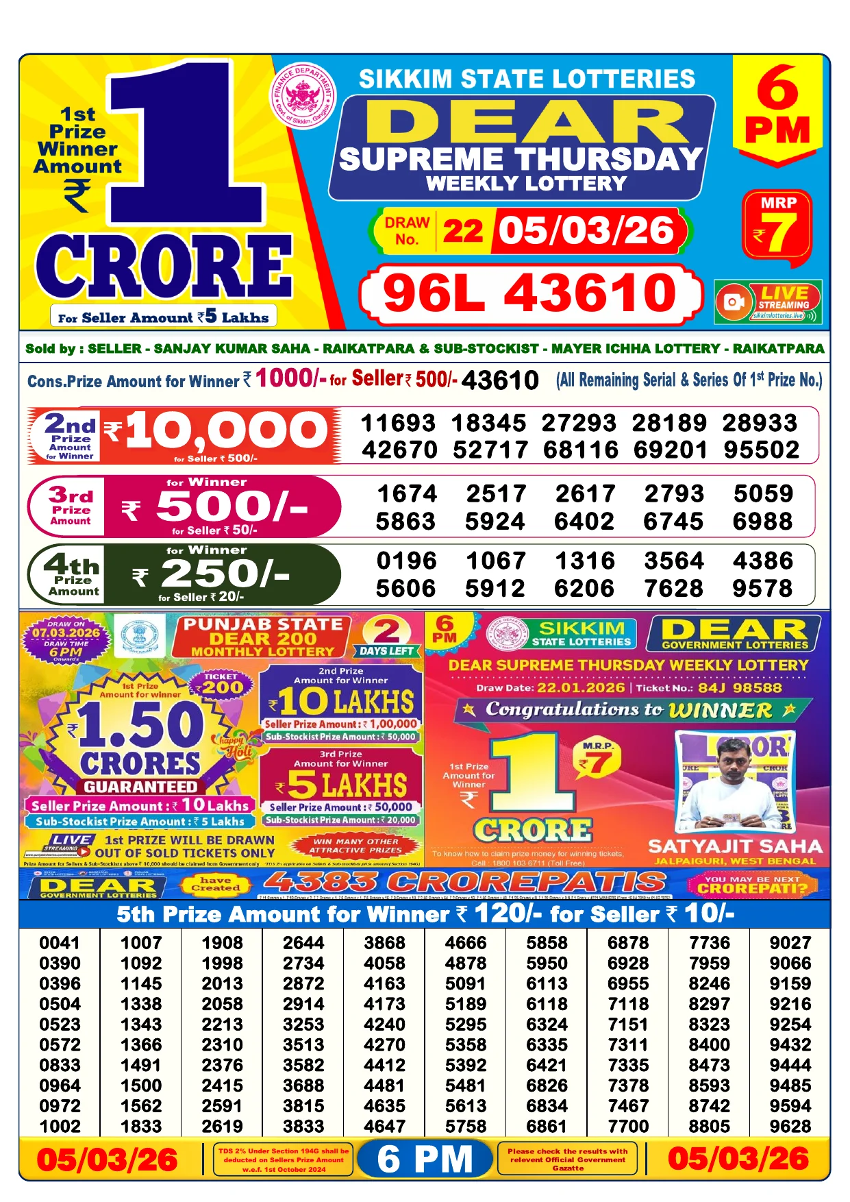 Lottery Result 05 March 2026 6 PM
