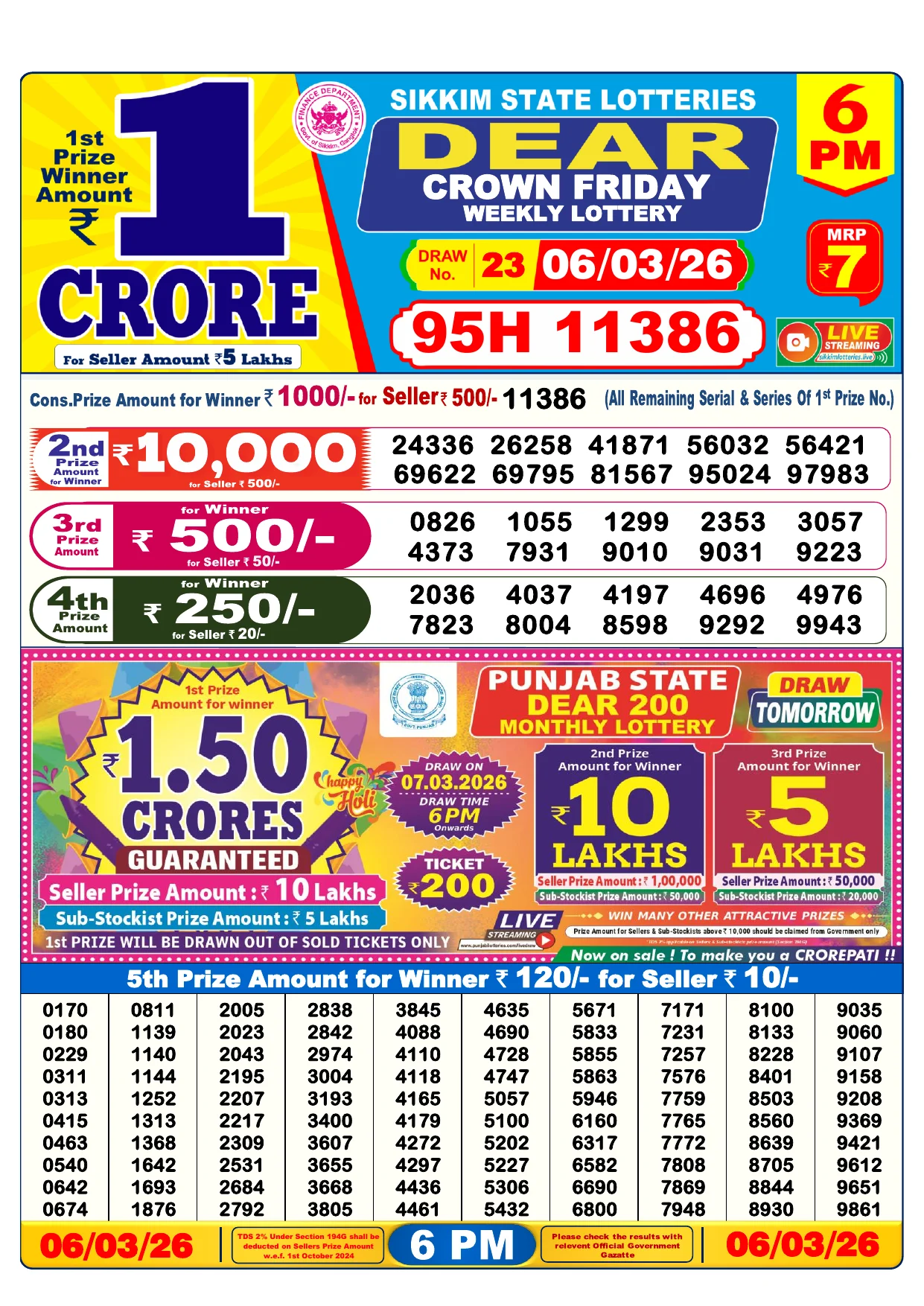 Lottery Result 06 March 2026 6 PM