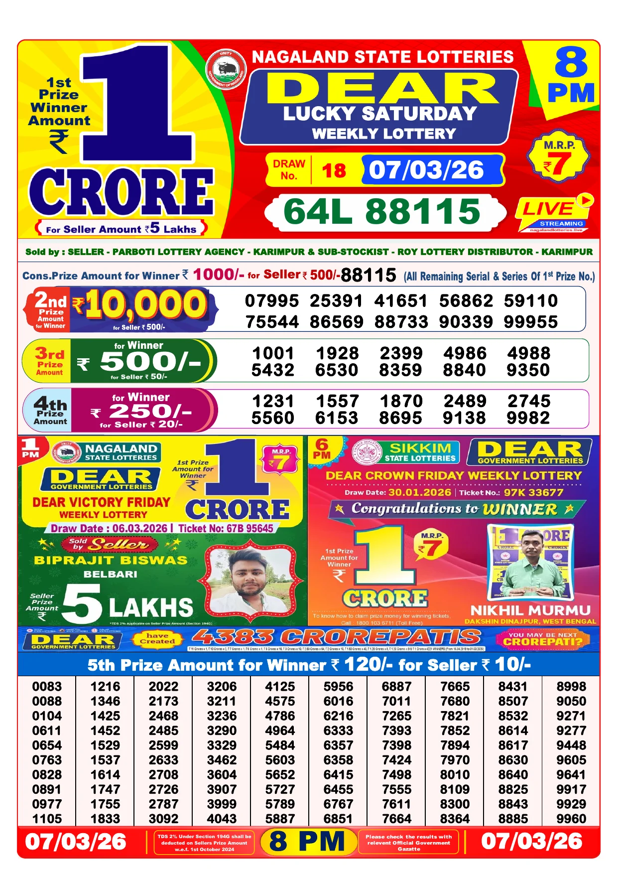 Lottery Result 07 March 2026 8 PM