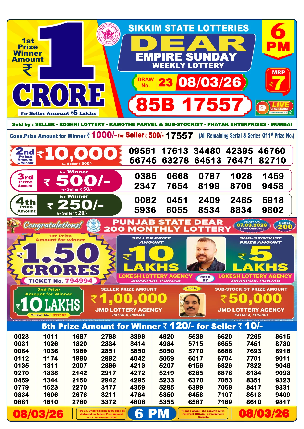 Lottery Result 08 March 2026 6 PM