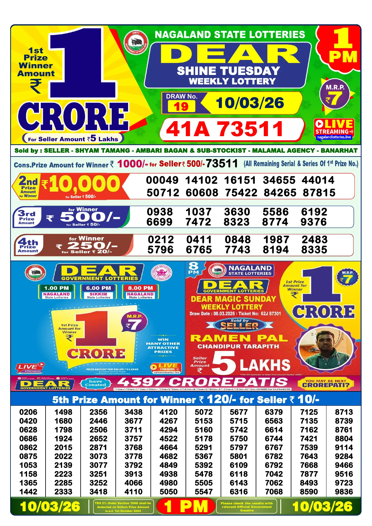 Lottery Result 10 March 2026 1 PM