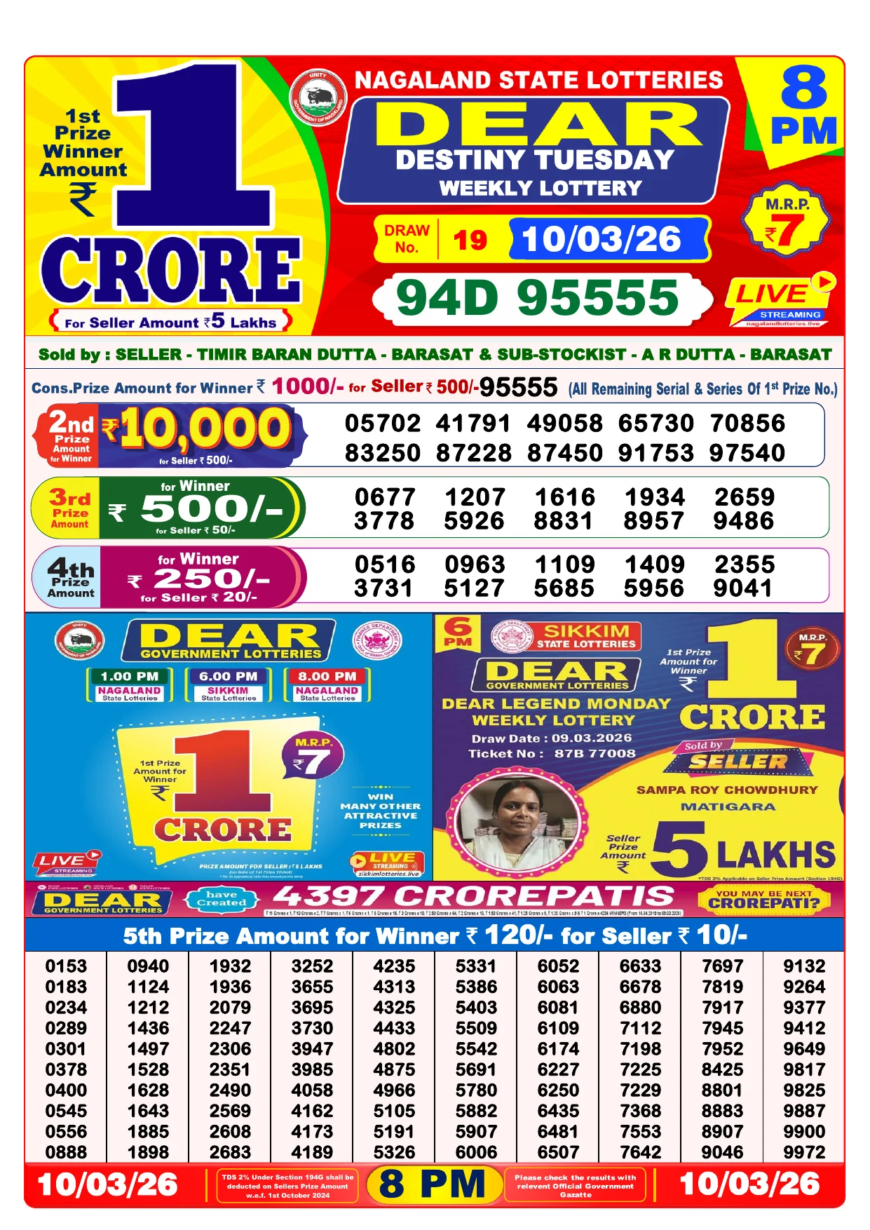 Lottery Result 10 March 2026 8 PM