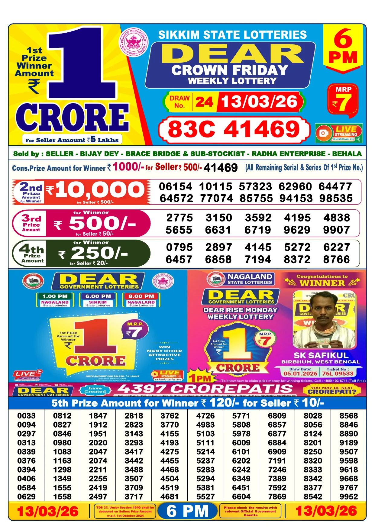 Lottery Result 13 March 2026 6 PM
