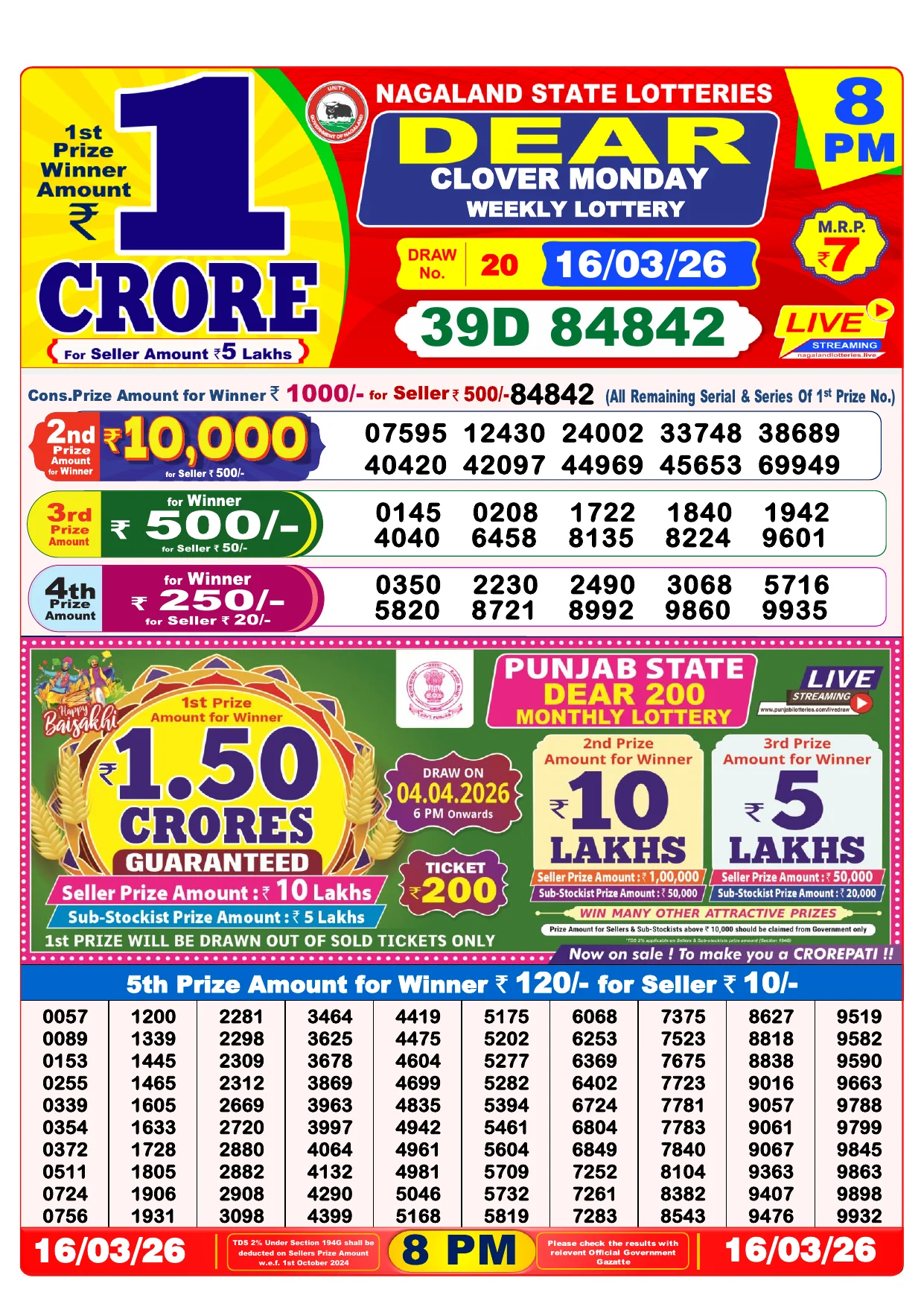 Lottery Result 16 March 2026 8 PM