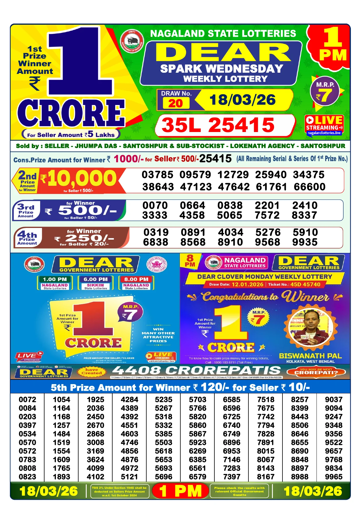 Lottery Result 18 March 2026 1 PM