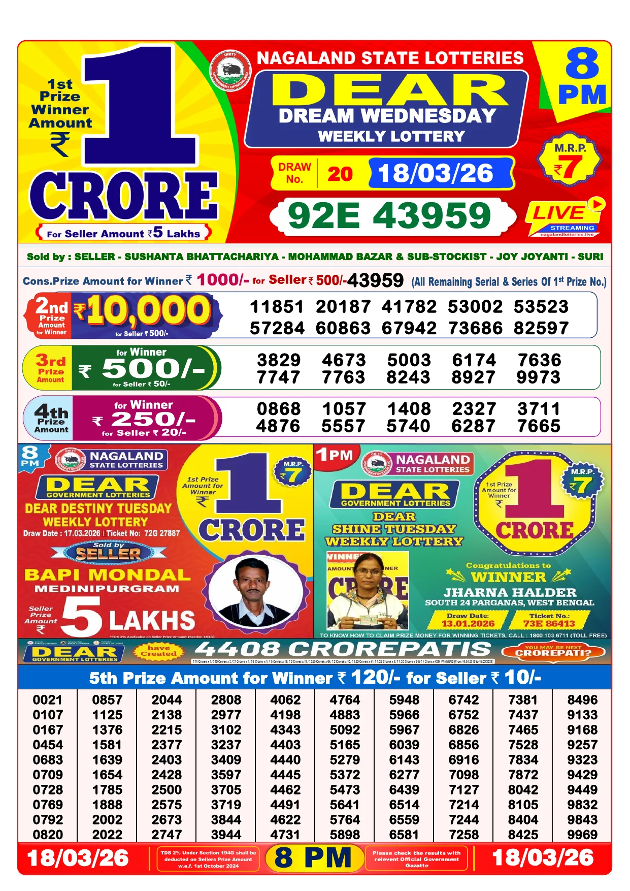 Lottery Result 18 March 2026 8 PM