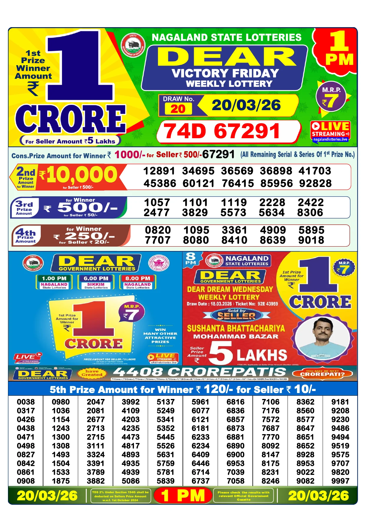 Lottery Result 20 March 2026 1 PM
