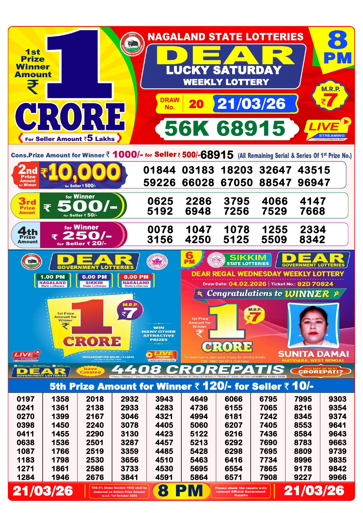 Lottery Result 21 March 2026 8 PM