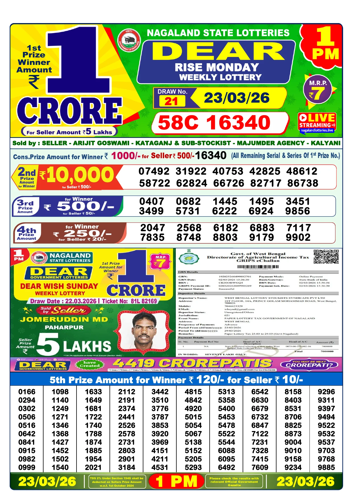 Lottery Result 23 March 2026 1 PM
