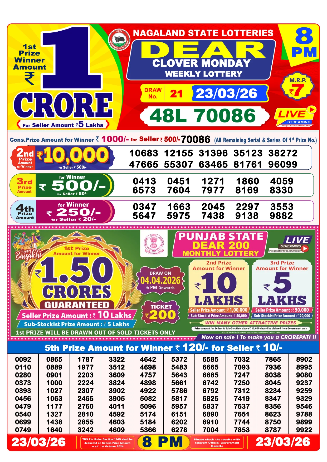 Lottery Result 23 March 2026 8 PM